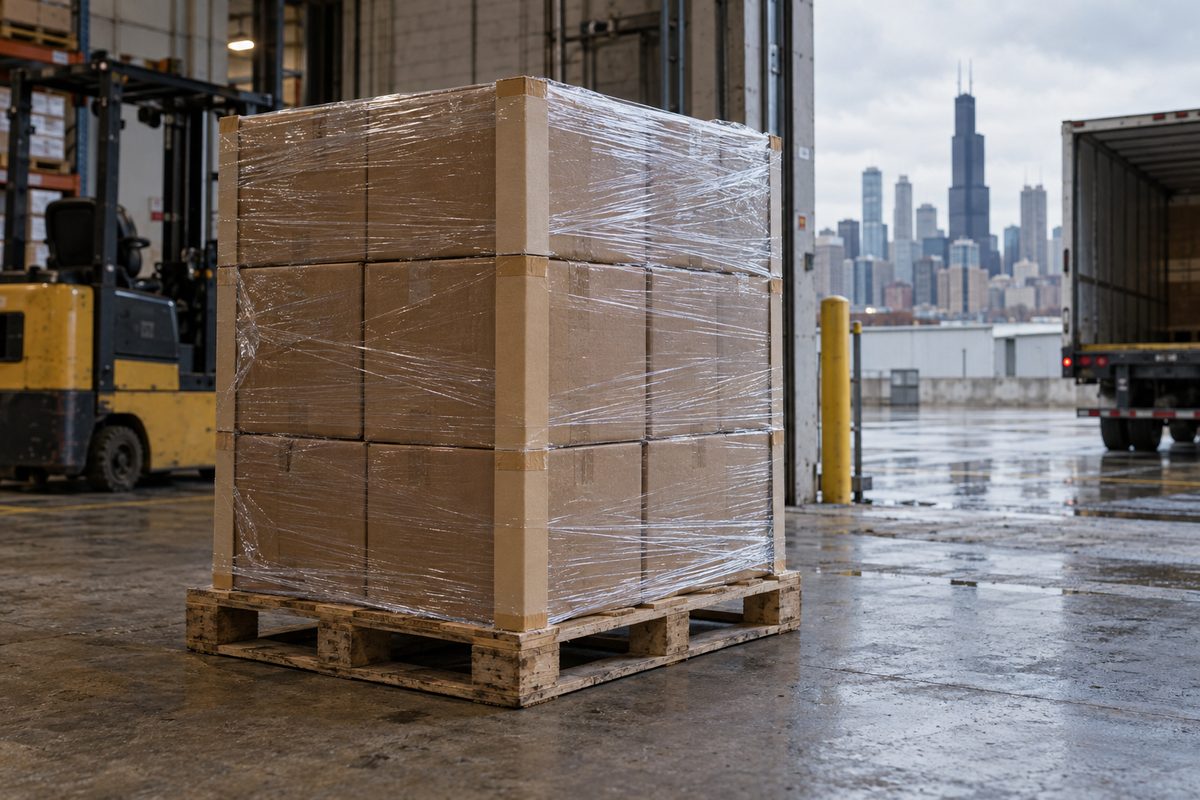 Stretch-wrapped US pallet staged for scheduled local freight delivery in Chicago.